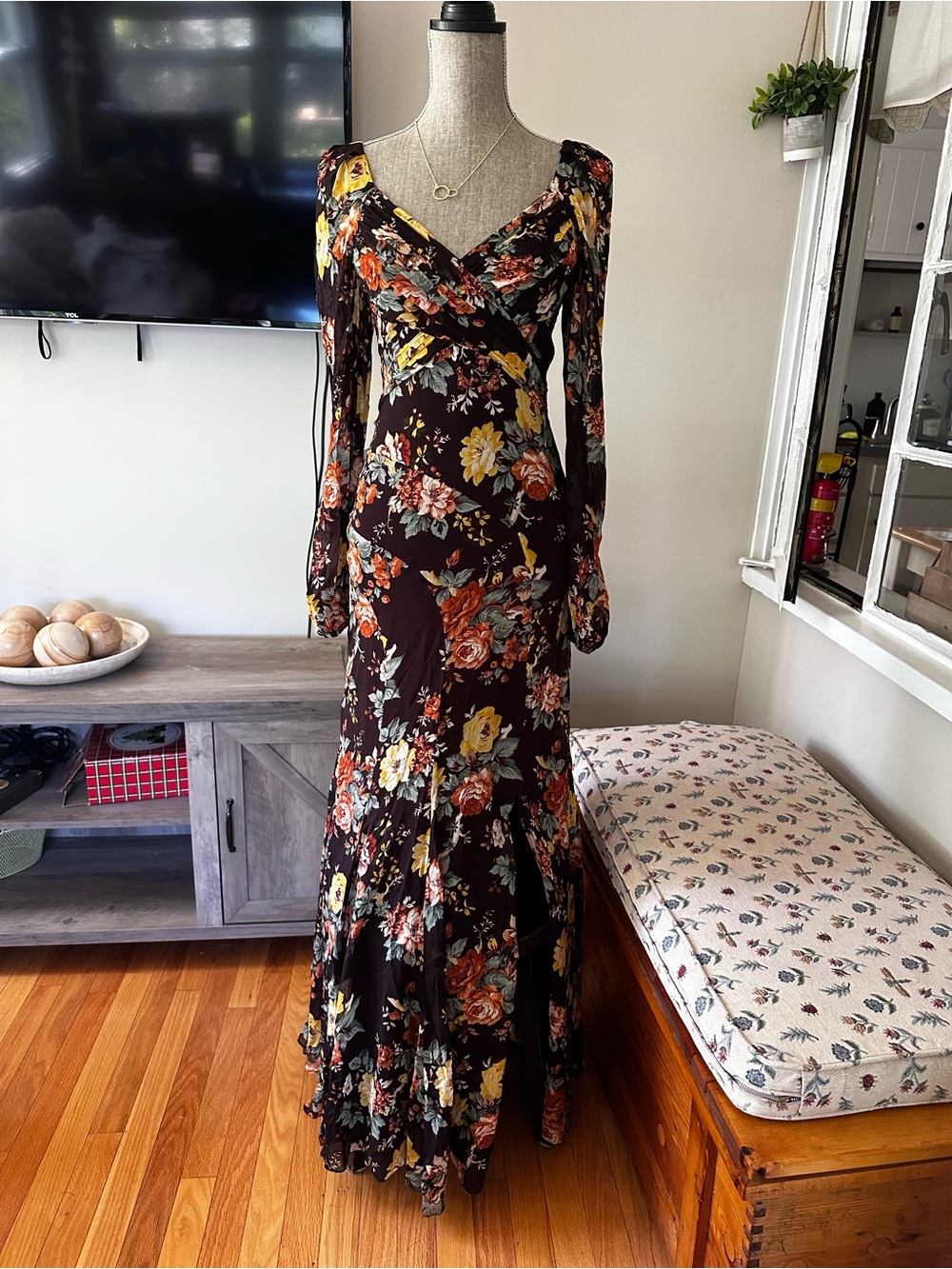 Veronica Beard Brown Floral Maxi Dress with Yellow & Orange Blooms